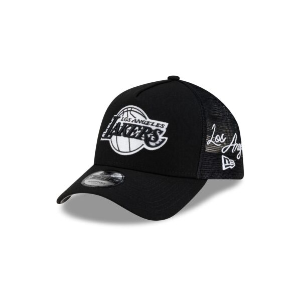 Los Angeles Lakers Side Script Black 9FORTY A-Frame Trucker Hat